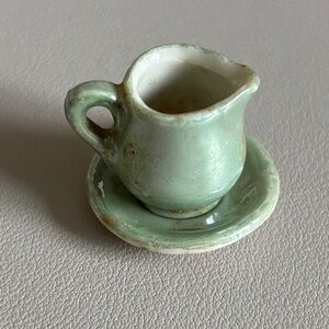Vintage Green Ceramic Miniature Pitcher and Saucer Set Dollhouse Size